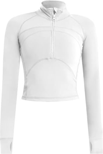 Memoryee T Shirt Damen Sport Laufen Yoga Gym Zipper Crop Top Langarm Leicht Fitness Pullover Oberteil mit Halbem Reißverschluss und Daumenloch Weiß L