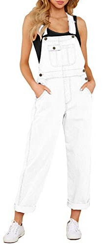 Roskiky Salopette da donna in denim, elasticizzati, dritta, in jeans, vestibilità normale, con cinghie regolabili, bianco, XXL