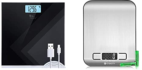 himaly Digitale Personenwaage, bis 180KG & ETEKCITY Küchenwaage, Küchenwaage digital 5KG mit großem LCD-Display,Digitalwaage, Briefwaage mit Großer Edelstahl Wiegefläche, Silber