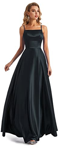 Lecureler Satin Spaghetti Strap Prom Dress Black Size 8