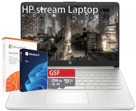 HP Stream 14 Zoll Laptop Student Business, Windows 11 Home, Microsoft 365, Intel Quad-Core, 8GB RAM, 384GB Speicher (128GB eMMC + 256GB MSD), ultraleicht, Webcam, Silber, mit Hub