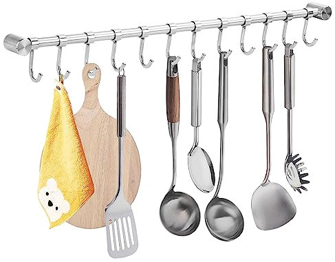 Youyijia 2Pcs Utensil Rack Stainless Steel Wall Mounted Utensil Hooks with 12 Removable Hooks Kitchen Utensils Holder Utensil Hanging Rack Rail 52Cm (15.6)