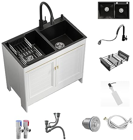 Mueble Fregadero Cocina 2 Senos,Fregadero Acero Inoxidable,Fregadero Multifuncional,Fregadero Camper,Fregadero Exterior Jardin,con Grifo Extraíble y Accesorios,para Bar Restaurante Doméstico Garaje (