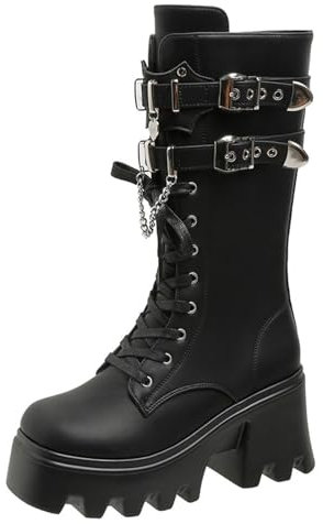 LeaHy Women Ankle Boots Autumn Winter PU Goth Punk Platforms Wedge Lace Up Ankle Boots,Black,6 UK