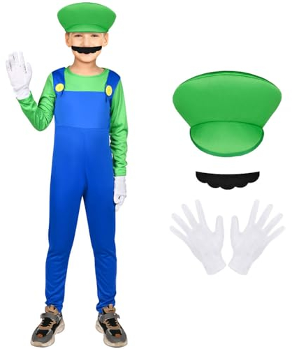 AOOWU Mario Kostüm Luigi Kostüm Set, 4-teiliges Set Mario Luigi Bodysuit Kostüm Kinder, Cosplay Outfit Jungen Mädchen mit Mütze Handschuhe Bart für Halloween Weihnachten Verkleidung (Grün, L)