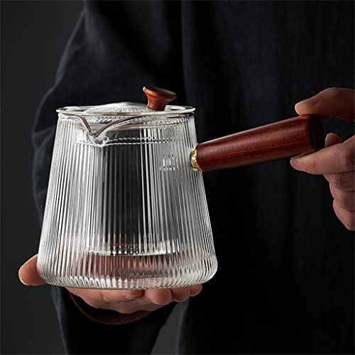 Aintap Tetera de vidrio de borosilicato transparente con infusor extraíble, mango de madera de sándalo - Apta para estufa y microondas - 800 ml