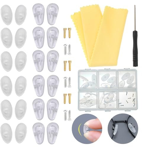 Eyeglass Nose Pads，ESSSO Upgraded 12 Pairs of Soft Jelly-Like & Air Chamber Silicone Nose Pads，Screw-in Glasses Nose Pad Replacement Kit with Gold and Silver Eyeglass Screws,Screwdriver,Glasses Cloth
