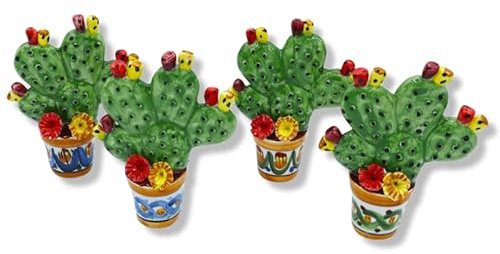 SICILIA BEDDA CAPACI Pianta ficodindia in Vaso in Ceramica di Caltagirone, Decoro Casuale, h 14 cm ca. (1Unità)