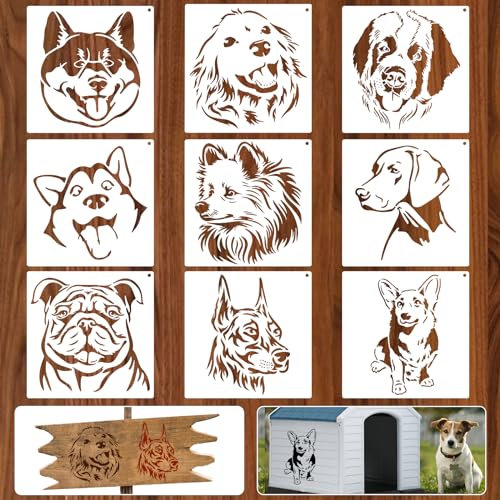 JSRQT Lot de 9 pochoirs réutilisables en plastique, motifs têtes de chiens mignons pour travaux manuels, peinture, décoration murale, maison, bricolage, 20 x 20 cm