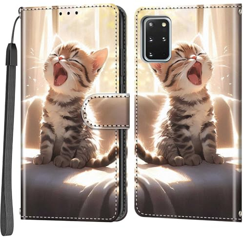 Handyhülle für Samsung Galaxy S20 Plus Hülle, Glückliche Katze | Magnetische, Stoßfeste Faltbar Klapphülle, Standfunktion, Kartenfächern, Geldbeutel, PU Lederhülle, Handytasche