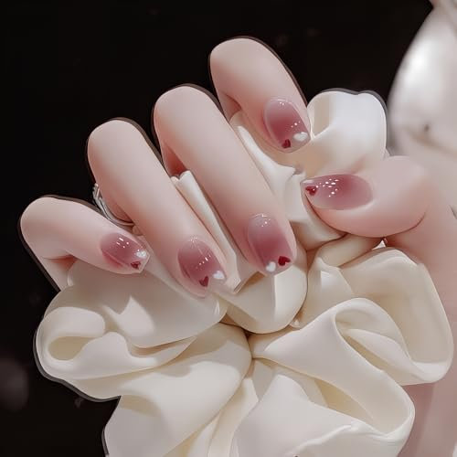 French False Nails Short,24PCS Acrylic Full Cover False Nail with Love Design,Rose Red Gradient False Nails,Short Stick on Nails with Jelly Glue for Women Nail Art (Rose Red, One Size)