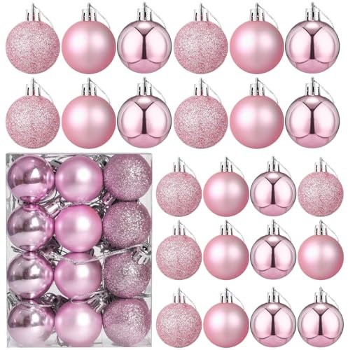 24 mini adornos rosas para mini árbol de Navidad, pequeños adornos inastillables para árbol de Navidad, bolas de decoración de fiesta, 1.2 pulgadas