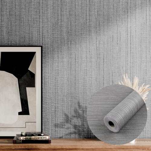 TAPLUX Tapete Grasgewebe Selbstklebende Tapeten Dunkel Grau 60cm×1000cm, Abwaschbare & Klebrig Vinyltapete Leinen Klebefolie für Möbel, Tapete Selbstklebend für Wohnzimmer, Schlafzimmer, Küche