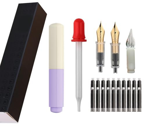 SIPLIV Majohn Wancai Mini Fountain Pen Pocket-Size Travel Pen Iridium Fine Nib Fountain Pen with 3 Pen Nibs, Short Size Eyedropper and 20 Black Ink Cartridges - White+Purple