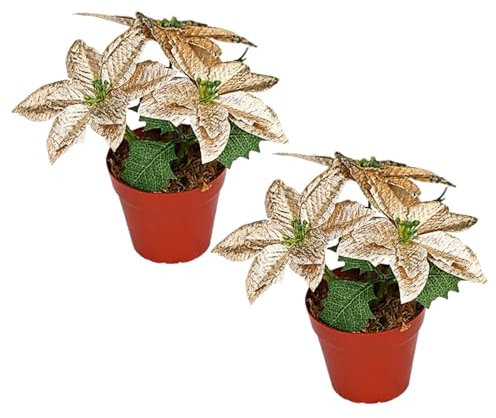 BEIJIALY Paquete de 2 Flores de Pascua Plantas de Pascua Artificiales en Maceta, Flores de Pascua con Purpurina Navideña Planta en Maceta, Arreglos de Pascua Falsos Decoración