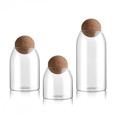 NBBENG Jar with Airtight Cork Lid Ball, Clear Candy Jar Mason Jars Food Storage Canister with Seal Wood Cork Round for Spices Sugar Coffee Biscuits Candies, 500ML, 800ML, 1000ML