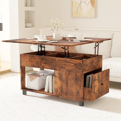 Msutree Couchtisch Höhenverstellbar Couchtisch Ausziehbar mit Lift top und Schubladen, Verstecktem Stauraum Sofatisch Beistelltisch für Wohnzimmer (01-Braun)