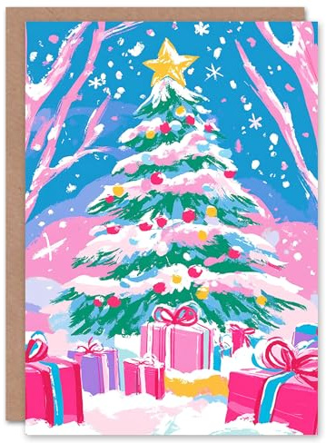 Wee Blue Coo Greeting Card Decorated Tree Presents Pastel Pink Winter Forest For Her Woman Xmas Christmas Card