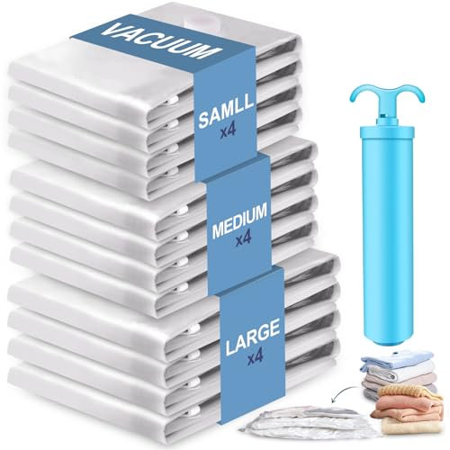 Vacbird Sacchetti Sottovuoto Vestiti con Pompa a Mano, Confezione da 12 (4 grandi, 4 medi, 4 piccoli), Riutilizzabile Sacchi Sottovuoto Vestiti per Vestiti, Biancheria da letto, Viaggi, Traslochi