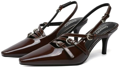Susanny Burgunderrote Lack-Slingback-Kätzchen-Absätze für Damen, geschlossener spitzer Zehenbereich, Riemchenkleid, Pumps, bequeme Stiletto-niedrige Absätze, sexy Schnallenriemen, elegante