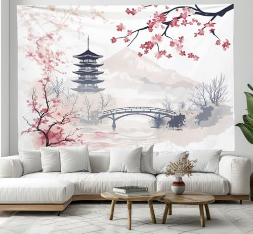 CEDNXOER Wandbehang Wandtuch Japanischer Stil Landschaft, Wandteppich 150×200cm Sakura Tempel Brücke Wall Tapestry Wanddeko für Schlafzimmer Wohnzimmer