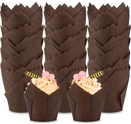 BTSD-home 300 Stück Cupcake Förmchen Tulip Muffinförmchen Papier für Backen Partyferien Hausgemachte Cupcakes und Bäckerei(Braun 7.87×5.08×8.13 cm)