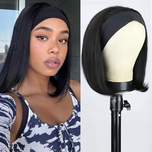 QUEENTAS 12 Zoll Bob Stirnband Perücke für Frauen Schwarz Gerade Bob Halbperücke, Synthetische Stirnbandperücke Schulterlang Stirnband aus Eisseide einfach aufzusetzen und loszulegen (12 Schwarz)