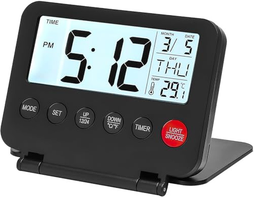 CKDSA Alarm Clock Small Digital Battery Operated Portable Clock Mini Foldable LCD Display Alarm with Backlight Calendar Temperature 12/24H Snooze Weekend Mode Hogmanay Gifts(Batteries Not Included)