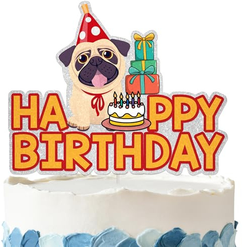 Pug Birthday Cake Topper - Glitter Pug Party Decorations Pug Décor for Dog Theme Birthday Party Supplies