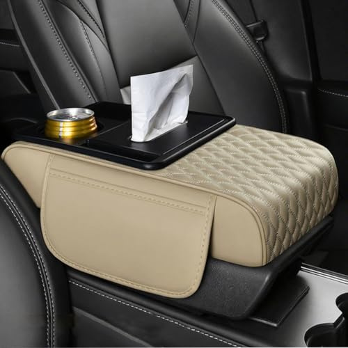 LOPAMCGH Car Armrest Cushion for Audi Q3 Sportback 2021 2022, PU Leather Console Cover with Cup Holder & Storage Pocket, Multifunctional Car Armrest Storage Box Pad Accessories,C Beige