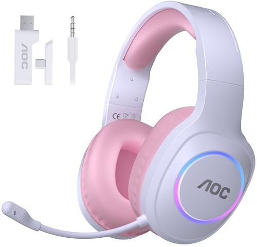 AOC Wireless Gaming Headset for PC, PS5, Switch, Bluetooth 5.4 & 2.4GHz Gaming Headset with Noise Canceling Mic, RGB, Type-C, 20ms Latency, 45H, 7.1 Virtual Surround- Pink