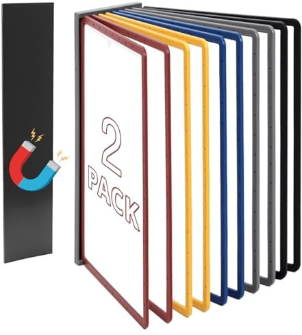 QWORK® Lot de 2 Système de Porte Document Mural Magnétique - 10 Panneaux A4 en Noir - Comprenant une plaque magnétique et des vis pour une installation facile