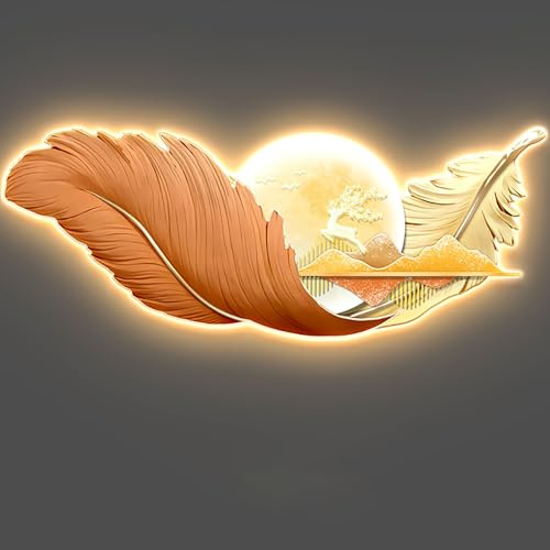 3D-LED-Wanddekoration, Wandbild mit 3D-Federn und LED-Licht, moderne Wandskulptur mit Fernschalter, dekorative Malerei für Wohnzimmer, Schlafzimmer (A,90x30cm)