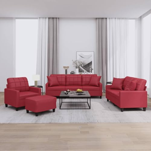WEMYUFURN Langlebige Kunstleder Sofagarnitur mit Hocker – Schmutzabweisendes Wohnzimmer Set in Grau, Robuste Konstruktion aus Metall und Holz, Bequem gepolsterte Sitzgruppe
