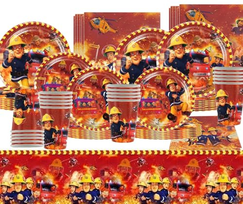 81 Pièces Pompiers Vaisselle Anniversaire，Pompiers Décoration Anniversaire，Nappe，Assiette，Serviette，Convient pour 20 personnes