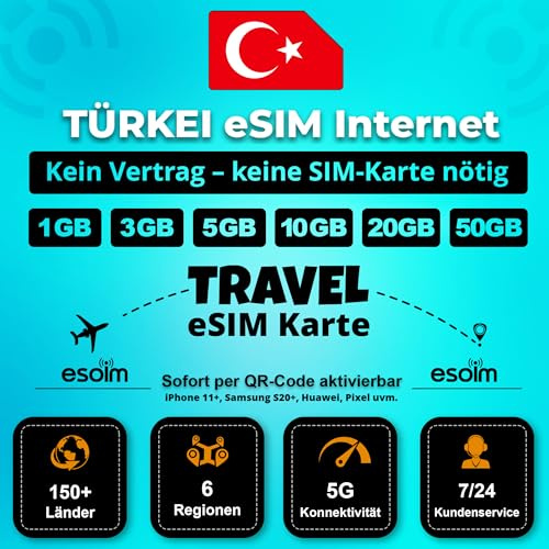 eSIM Karte Türkei – Nur Internet – Ohne Vertrag | Travel SIM - 5G/4G-Daten in den Türkei (50GB - 180 Tage)