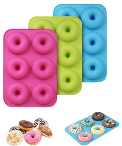 3Pcs Silicone Donut Moulds, 24.5x16.5x2cm Silicone Doughnut Baking Mould | with 6 Cavity Molds, Non-Stick, BPA Free, Doughnut Tray for Donuts, Cakes, Bagels Biscuit and Snacks (Blue,Red,Green)