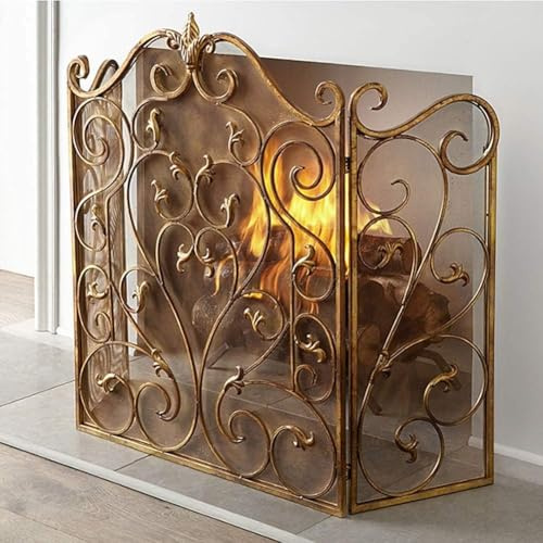 DLLDQBD Kamin-Bildschirm, Hohle, Geschnitzte Trennwand, Dreifach Gefaltet, Mit Mesh-schmiedeeisen-funken-schutzgitter-Dekoration(Color:Gold)