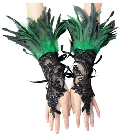 Pfau Kostüm Damen Spitze Feder Handschuhe 20er Jahre Gothic Federmanschetten Karneval Kostüme Frauen Kostümzubehör Vintage Federarmband Manschetten für Faschingsball Oper Rollenspiel Party Zubehör