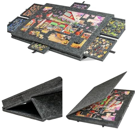Jigsaw Puzzle Board 2-in-1 Stand & Cover with 6 Drawers, Lightweight Portable Felt Jigsaw Puzzle Table Board for Adults Gift for Games Up to 1000 Pieces, Dark Grey