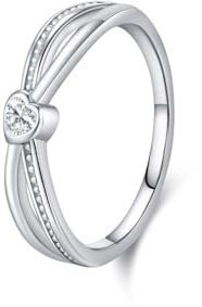 Ring Damen, Ring Frau Design mit Gedrehten Linien und Solitär-Herz 0.25Ct Labordiamant 9K Weißgold Größe 57 (18.1)