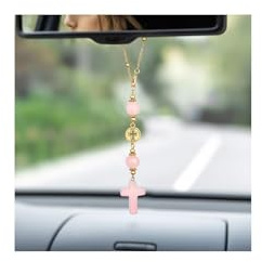 Auto Anhänger für Spiegel mit Kristall und Kruzifix, Dekorativer Anhänger den Rückspiegel, Kreuz Ornament Autospiegel, Rückspiegel Schmuck für Innenraum Deko, Auto Zubehör Dekoration für Frauen
