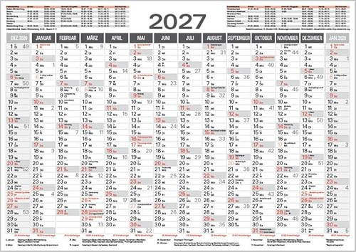 Tafelkalender A4 2027: 14 Monate auf einer Seite I Ferientermine und Feiertage