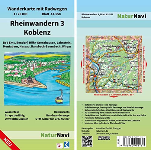 Rheinwandern 3 - Koblenz: Wanderkarte mit Radwegen, Blatt 41-558, 1 : 25 000, Bad Ems, Bendorf, Höhr-Grenzhausen, Lahnstein, Montabaur, Nassau, ... (NaturNavi Wanderkarte mit Radwegen 1:25 000)