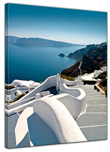 Bilderdepot24 Bild auf Leinwand | Santorini Treppe - Griechenland in 50x70 cm als Wandbild | Wand-deko Dekoration Wohnung modern Bilder | 16105