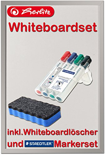 Herlitz Whiteboard 40x60cm beschriftbar Holzrahmen silber (Whiteboard 40x60cm | mit 4er Markerset, Löscher blau | ohne Magnete)