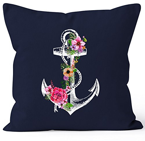 Autiga Kissenbezug Blumen Anker Flower Anchor Watercolor 40x40 Baumwolle Kissen-Hülle Deko-Kissen Navy 40cm x 40cm