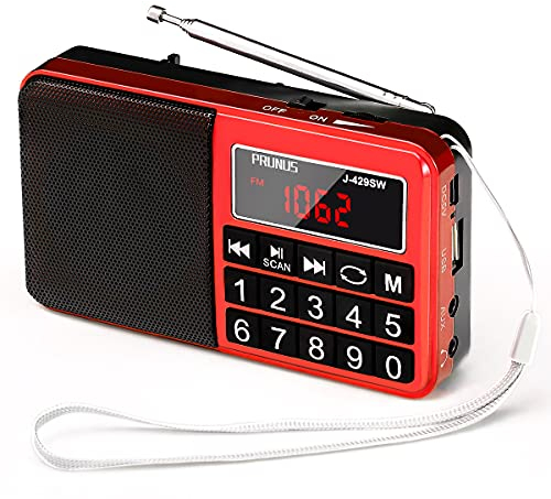 PRUNUS J-429SW Tragbares Radio klein FM/AM(MW)/SW,Große Gummierte Knöpfe&Display Digital Radio für Senioren,Kleines Radio mit AUX/SD/TF/MP3 Lautsprecher,Batteriebetrieben.(Rot)