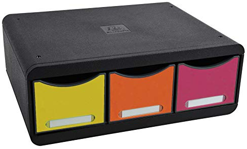 Exacompta 318798D Toolbox Iderama mit 3 Schubladen aus Recycling-Kunststoff zur Aufbewahrung kleiner Utensilien 27 x 35,5 x 13,5 cm. Ideal für Büro und Schreibtisch. Blauer Engel schwarz|bunt