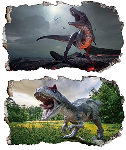 2Pcs Dinosaurier Dino Urzeit T-rex Wandtattoo 3D Effekt XXL Wanddurchbruch Fenster Wandaufkleber für Kinderzimmer Jungenzimmer Groß 1000mmx600mm…